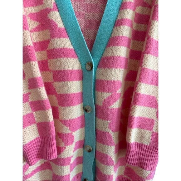 Listicle Womens Pink Blue Geometric Retro Button Front Oversized Cardigan Medium - Picture 7 of 8